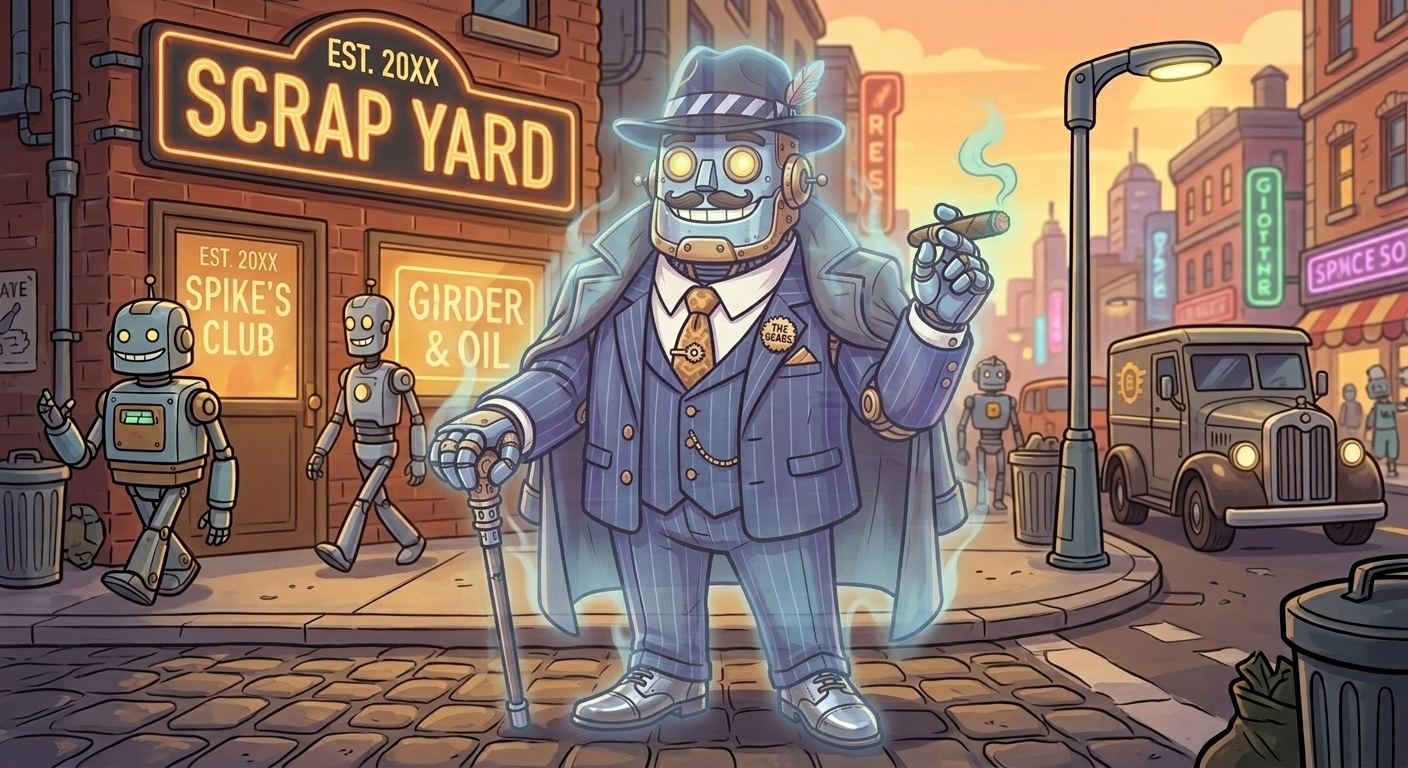 Ghostly robot gentleman on a retro-futuristic street